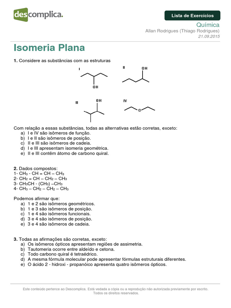 Exercícios sobre Isomeria Plana | PDF | Isômero | Estereoquímica