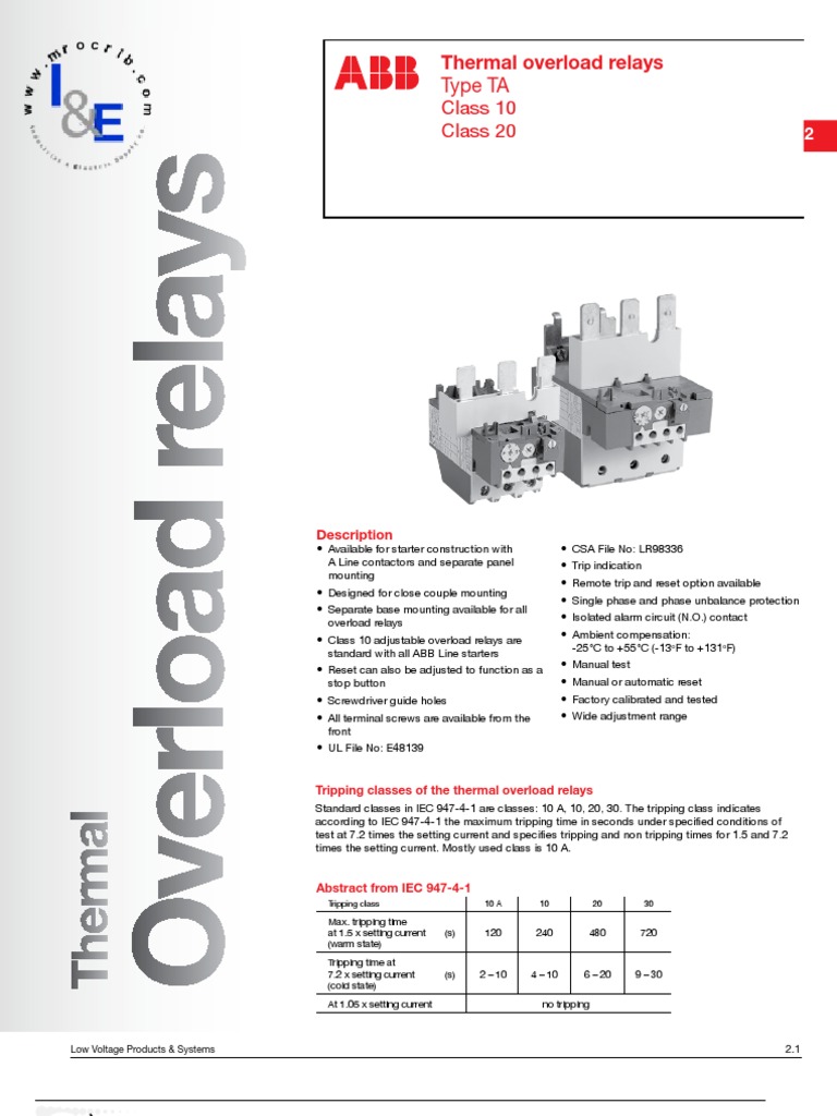 ABB Thermal Overload Relays, Type TA | PDF | Relay | Manufactured Goods