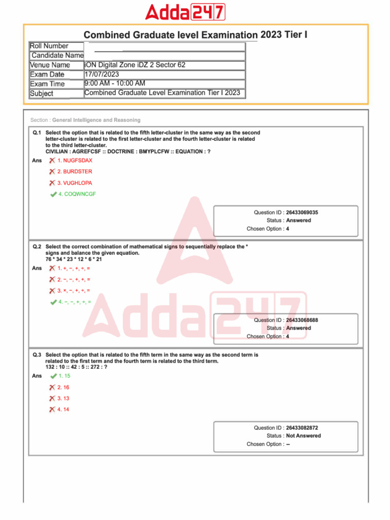 SSC CGL 2023 Tier 1 Exam Paper | PDF