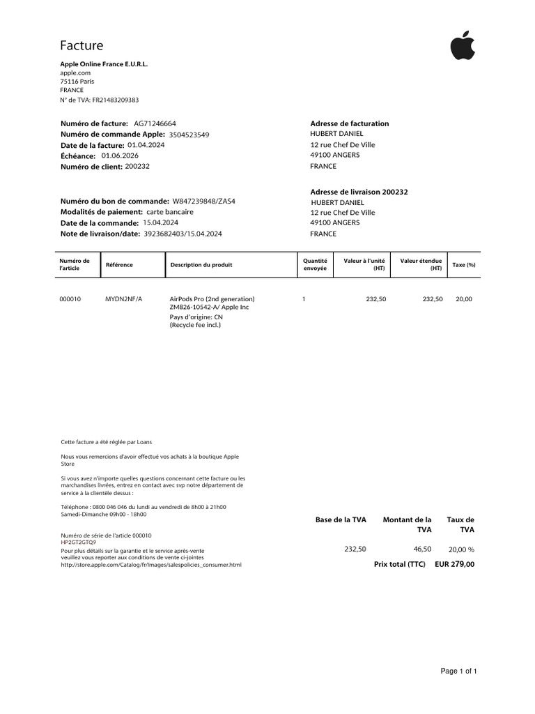 Facture AirPods Pro 2 - Détails Achat | PDF | Facture | Taxe sur la ...