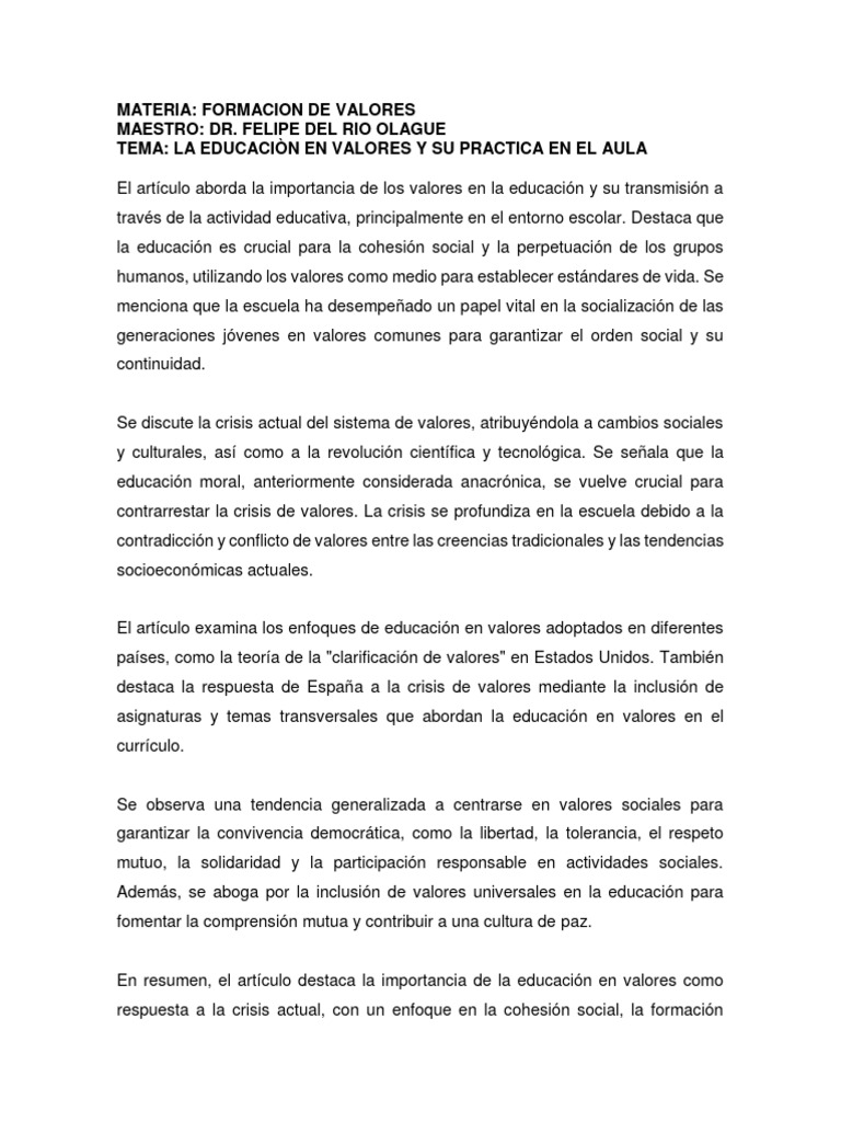 La Educacion en Valores y Su Practica en El Aula | PDF | Sociedad ...