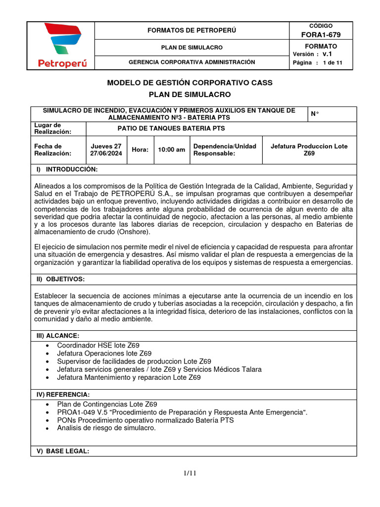 PLAN SIMULACRO DE INCENDIO Y EVACUACIÓN EN PATIO DE TANQUES BATERIA PTS ...