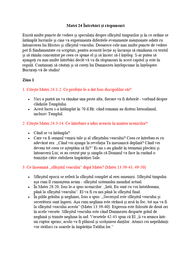 Matei 24 Întrebări Și Răspunsuri | PDF