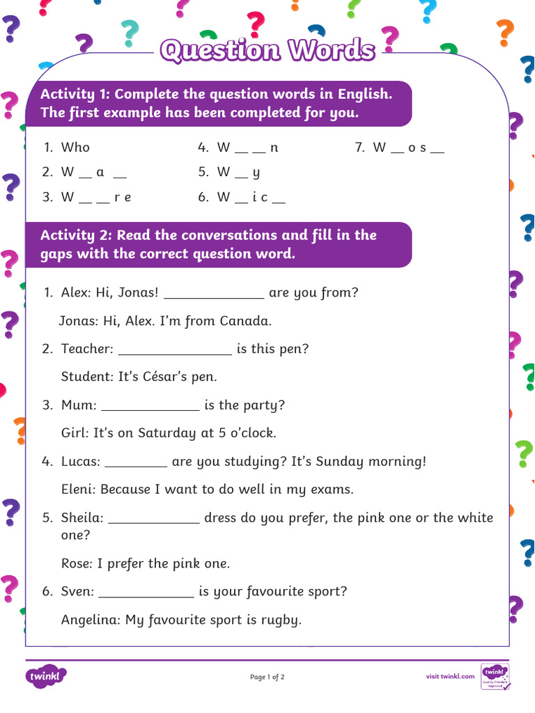 First Grade Question Words Worksheet | PDF | English As A Second Or ...