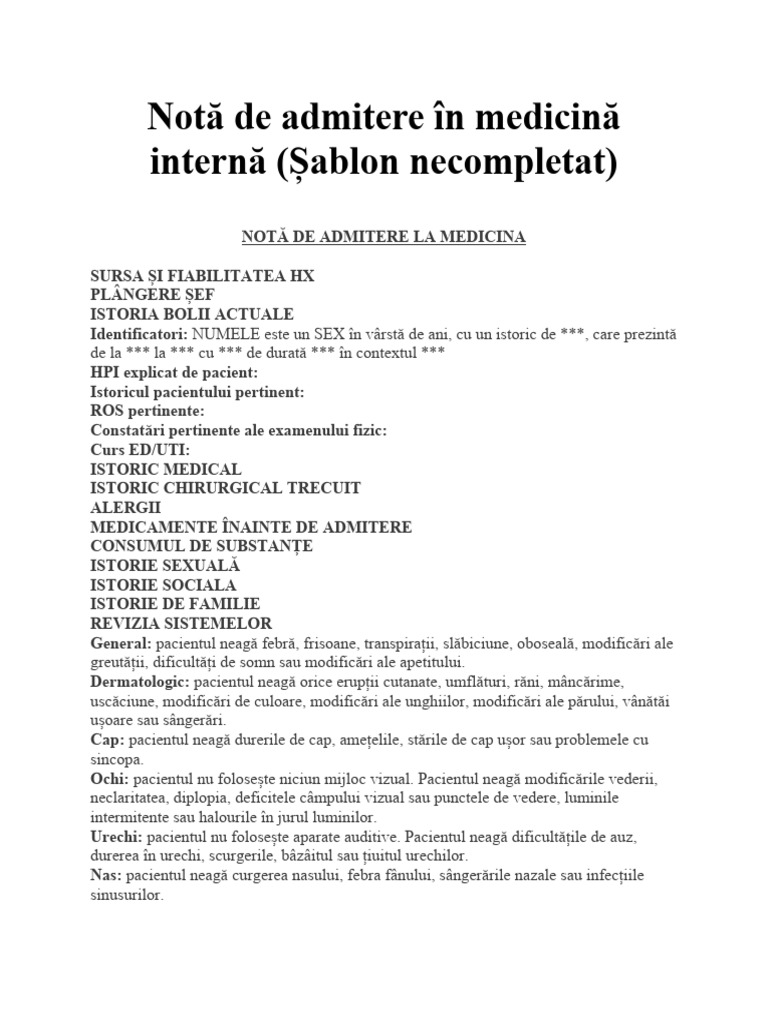 Notă de Admitere În Medicină Internă | PDF