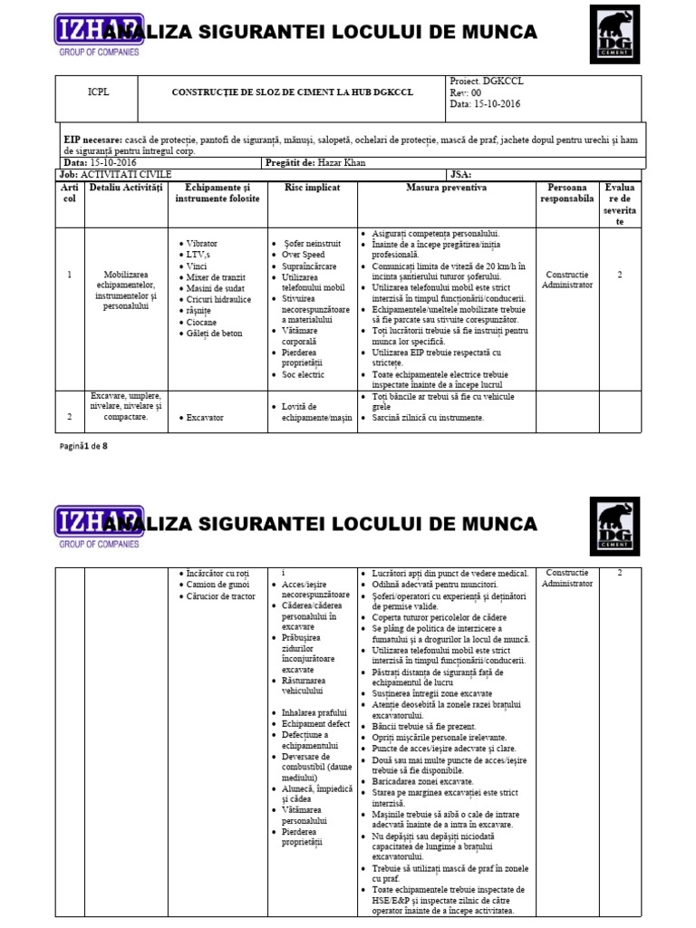Analiza Sigurantei Locului de Munca - Siloz de Ciment | PDF