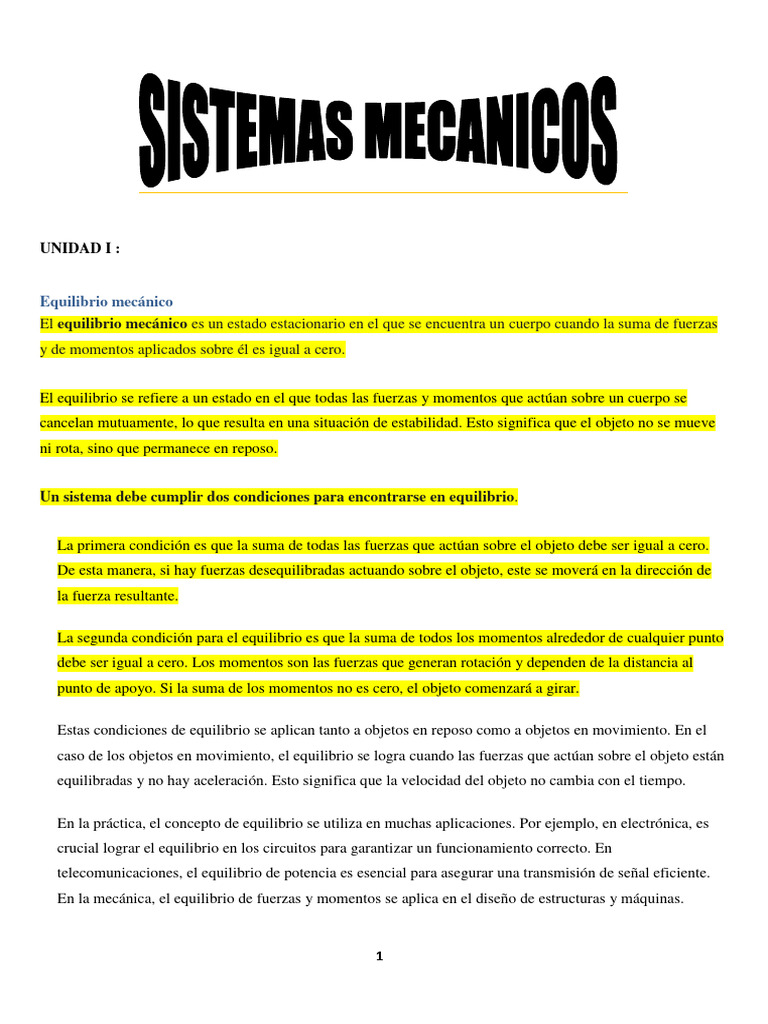 Unidad I Sistemas Mecanicos Pdf Fuerza Centro De Masa