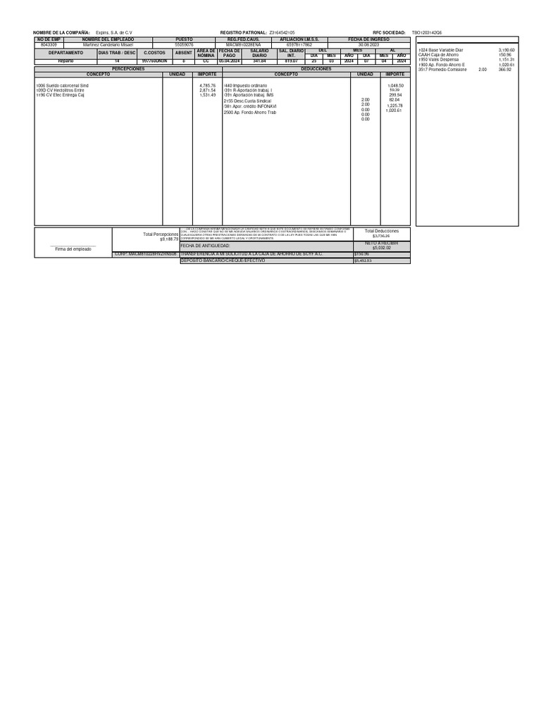 Recibo de Nómina 2024 - Expins S.A. | PDF | Economias | Dinero