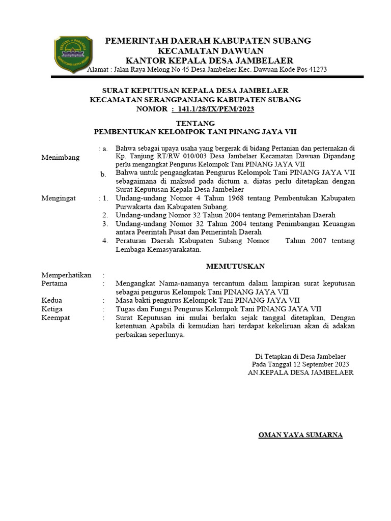 Surat Keputusan Kepala Desa Jambelaer Pdf