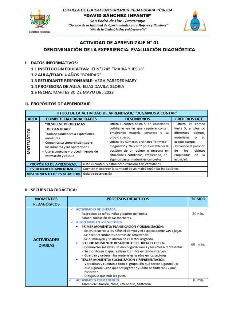 S1 Sesión de Aprendizaje y Taller | PDF | Educación de la primera ...