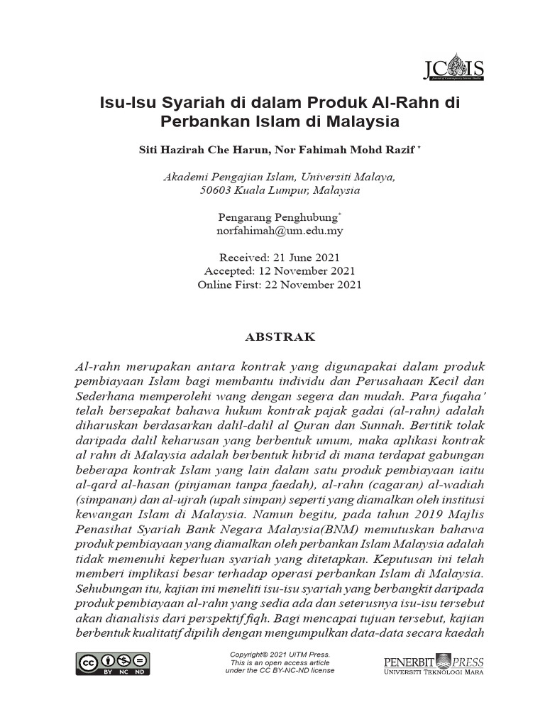 Isu-Isu Syariah Di Dalam Produk Al-Rahn Di Perbankan Islam Di Malaysia ...