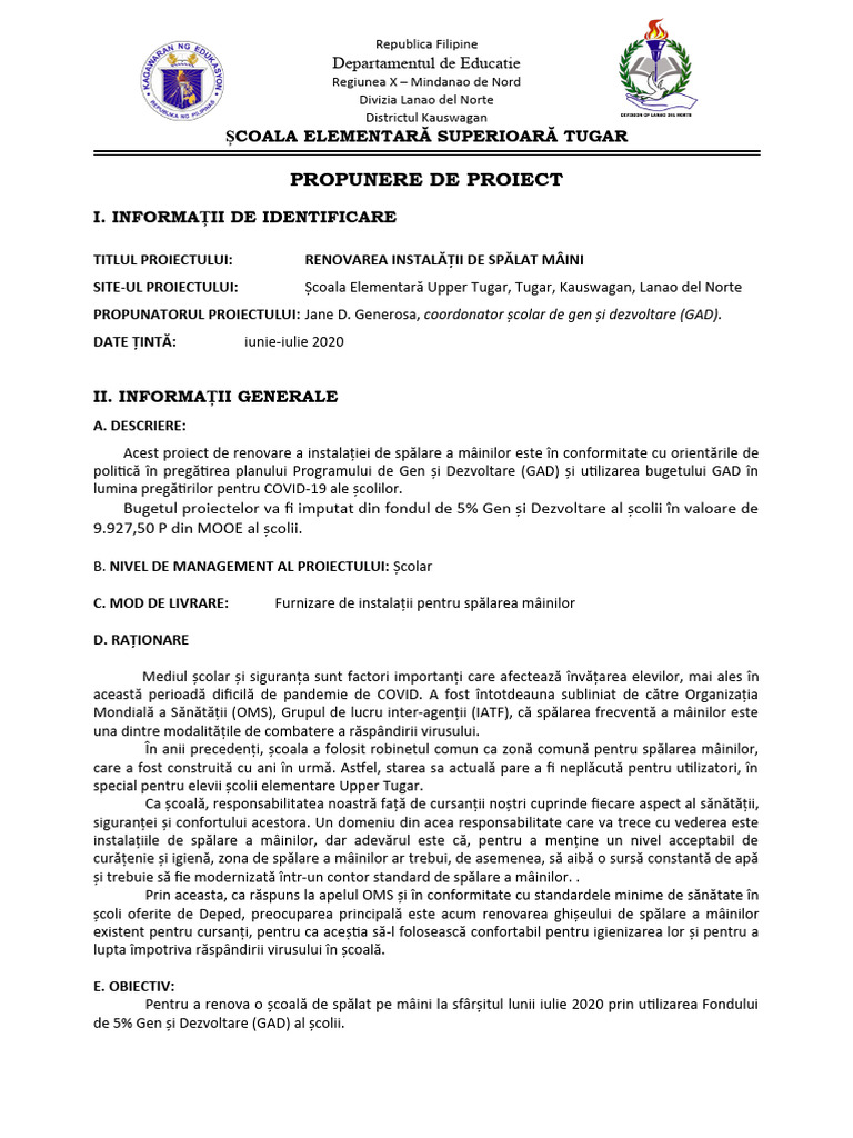 Propunere de Proiect: Școala Elementară Upper Tugar | PDF