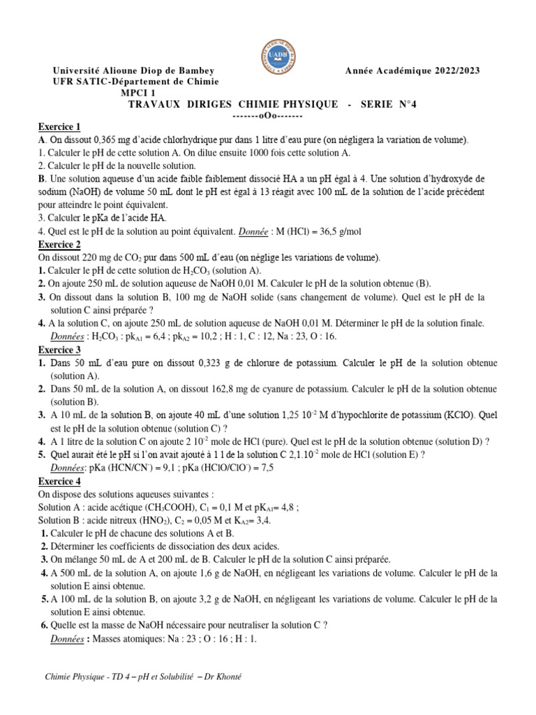 Série 5 + Corrigé Chimie Physique | PDF | Hydroxyde de sodium | Ph
