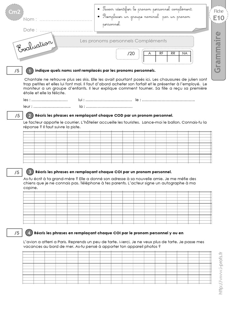 Exercices sur les pronoms personnels CM2 | PDF | Pronom | Complément d ...