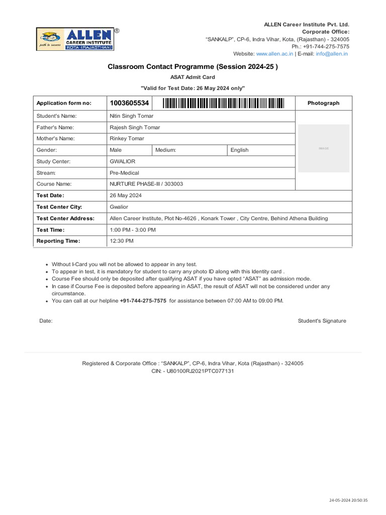 Admit - Card - 1003605534 - 24-05-2024 20 - 50 - 35 | PDF | Computer ...