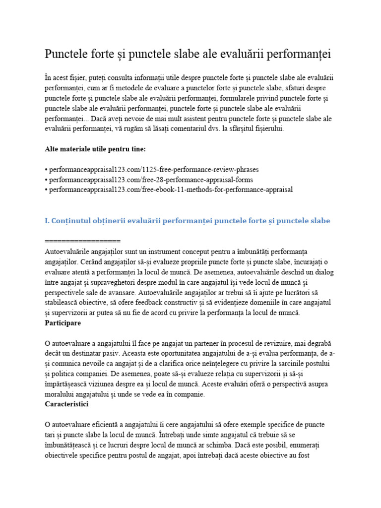 Evaluarea Performanței Puncte Tari Și Puncte Slabe | PDF