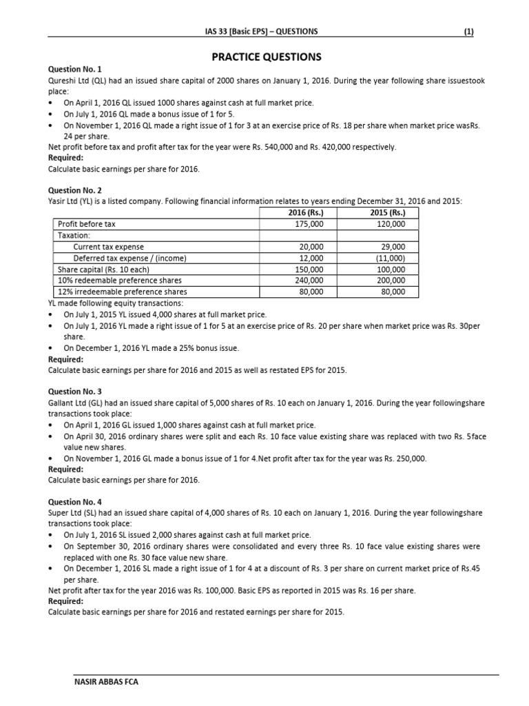 IAS 33 (Basic EPS) - Class Practice (Questions) | PDF | Dividend ...