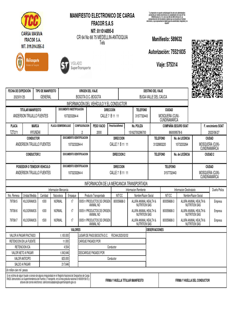 Manifiesto Electronico de Carga: CR 64 No 68 75 Medellin-Antioquia Tels ...