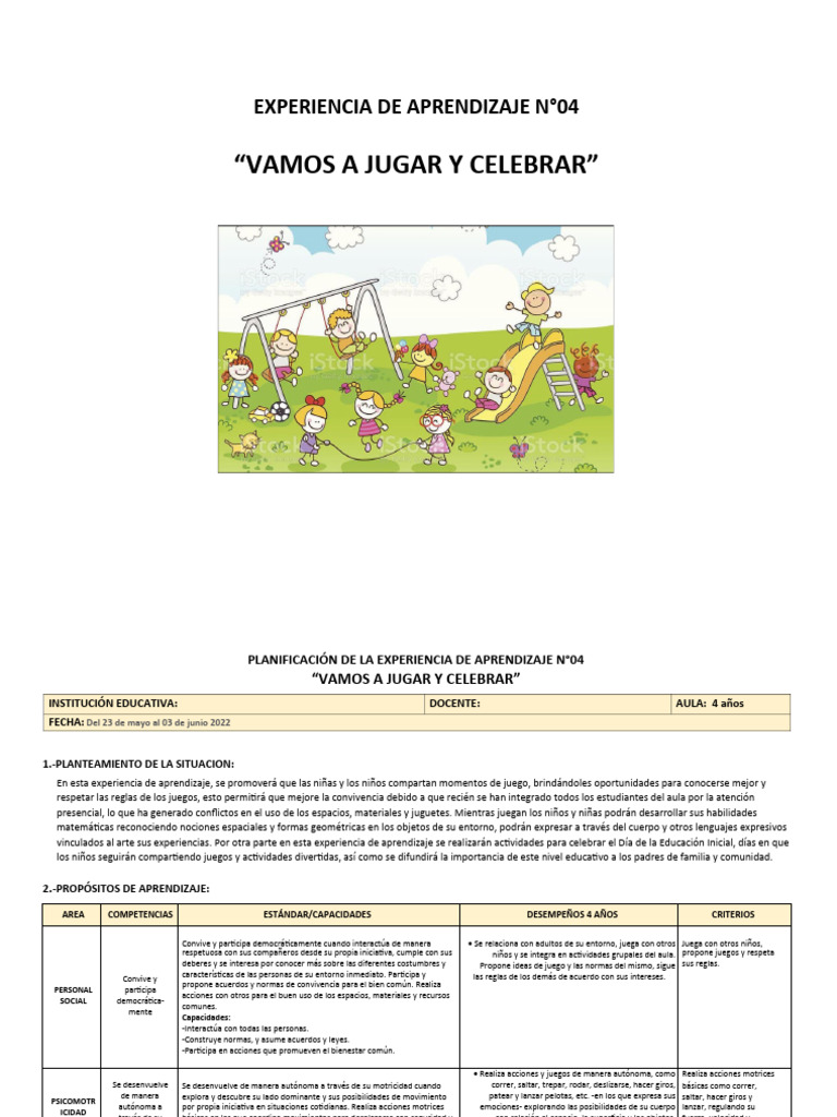 EXPERIENCIA 4 - 4 AÑOS | PDF | Educación de la primera infancia | Salón ...
