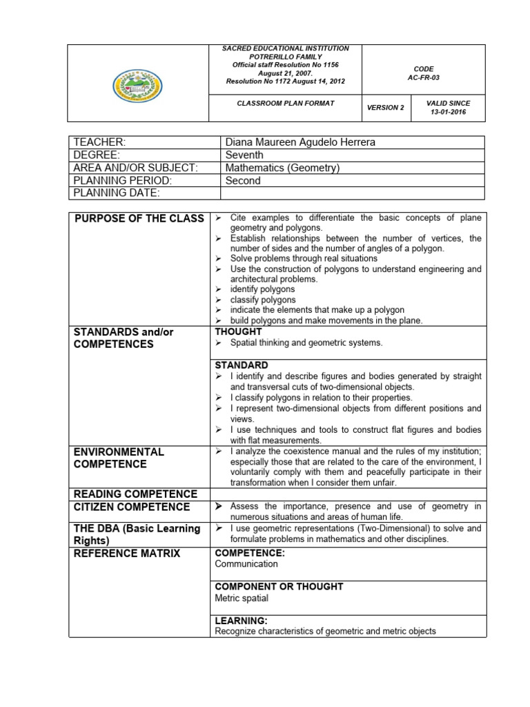 Geometry Classroom Plan for Seventh Grade | PDF | Geometry | Area