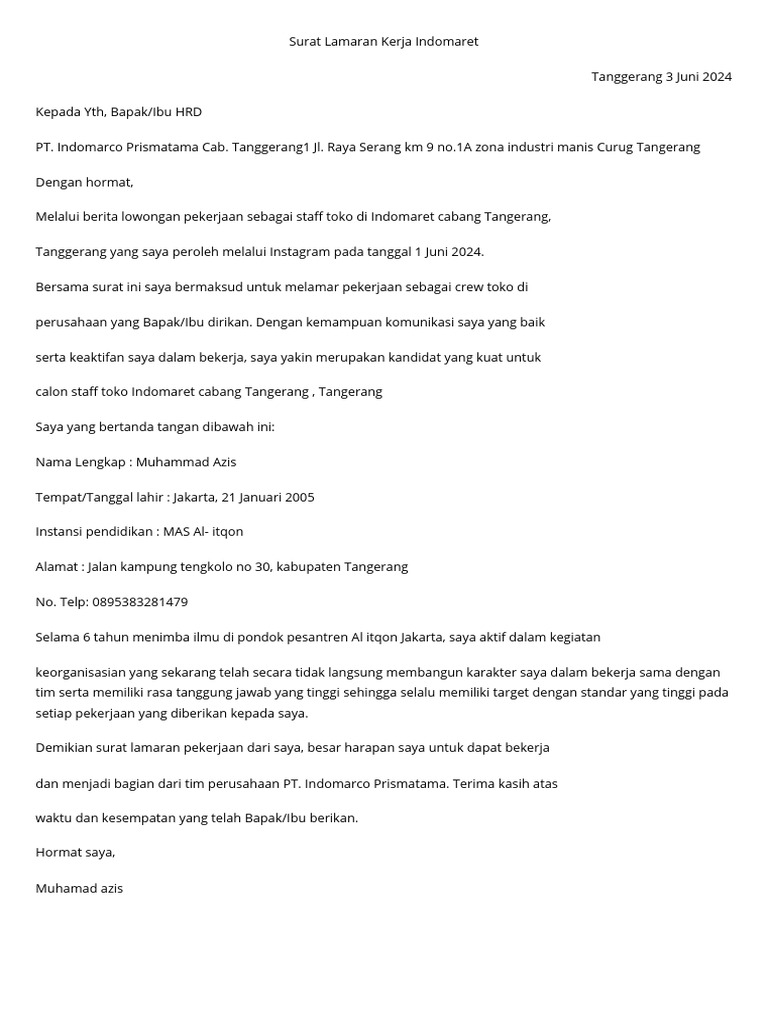 Surat Lamaran Kerja Indomaret Pdf