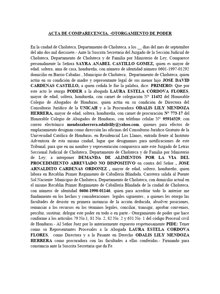Acta de Comparecencia y Poder Legal | PDF | Demanda judicial | Honduras