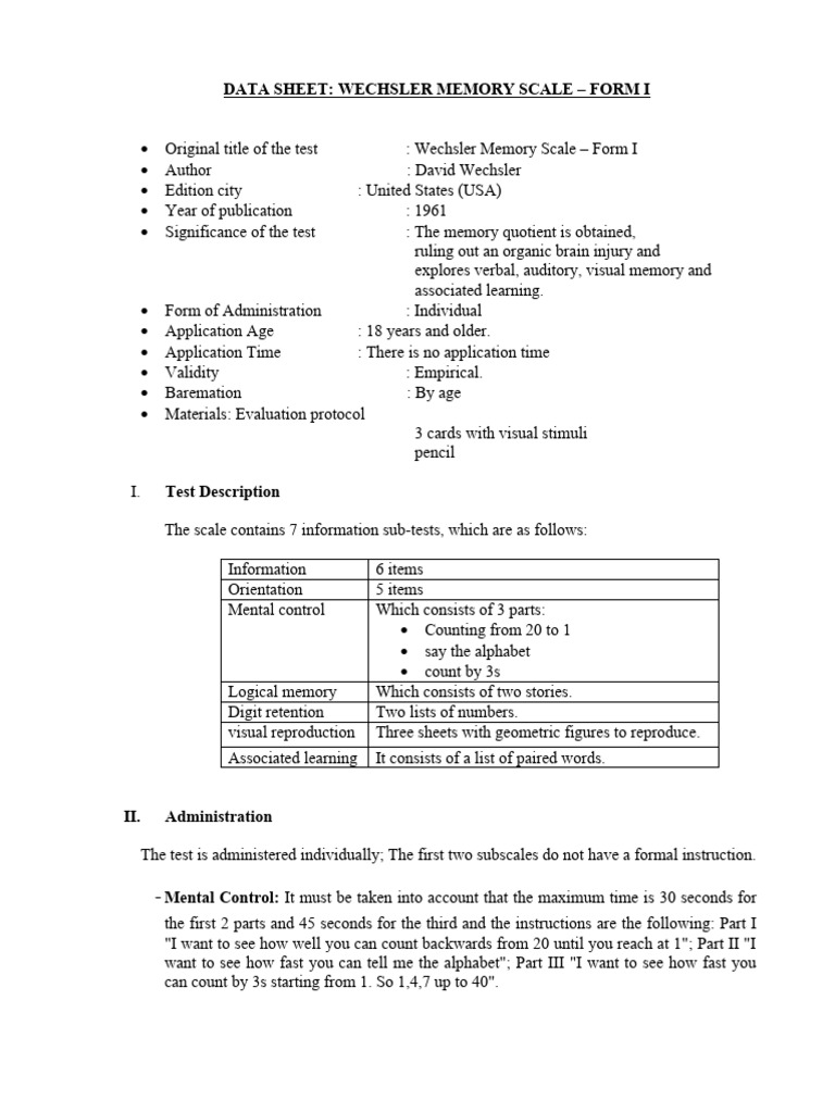 Wechsler Memory Scale – Form I Overview | PDF | Wechsler Adult ...