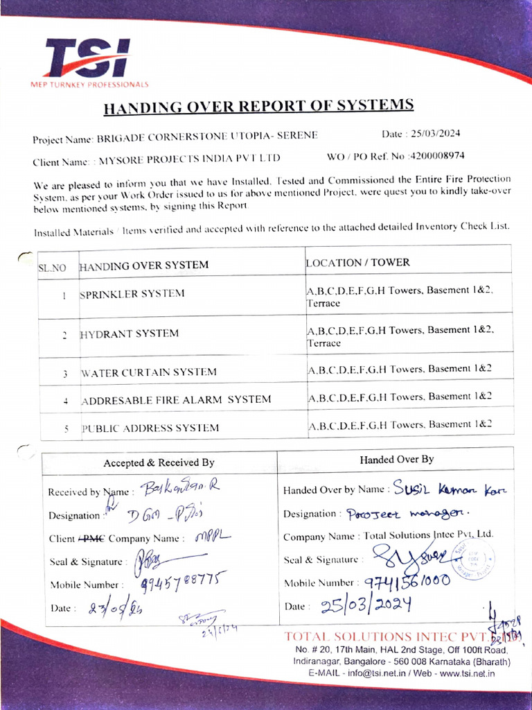 Fire Protection System Handover Report | PDF | Fires | Fire Protection