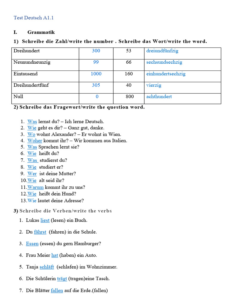 Test Deutsch A1.1 (D) | PDF