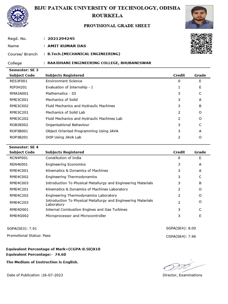 BPUT Odisha Provisional Grade Sheet | PDF | Engineering | Mechanical ...