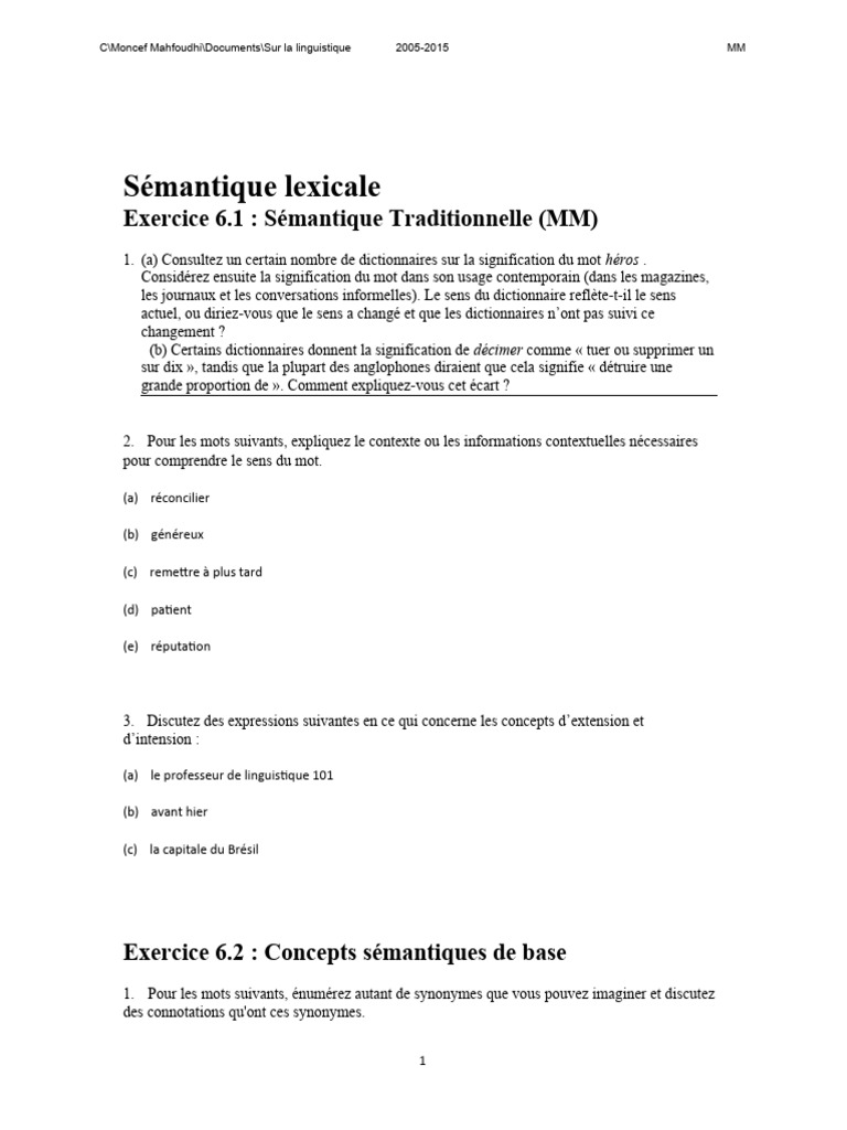 Sémantique Lexicale - Exercices | PDF | Phrase | Mot
