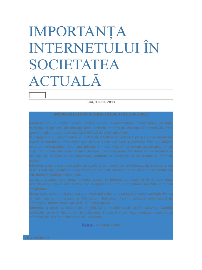 Importanța Internetului În Societatea Actuală | PDF