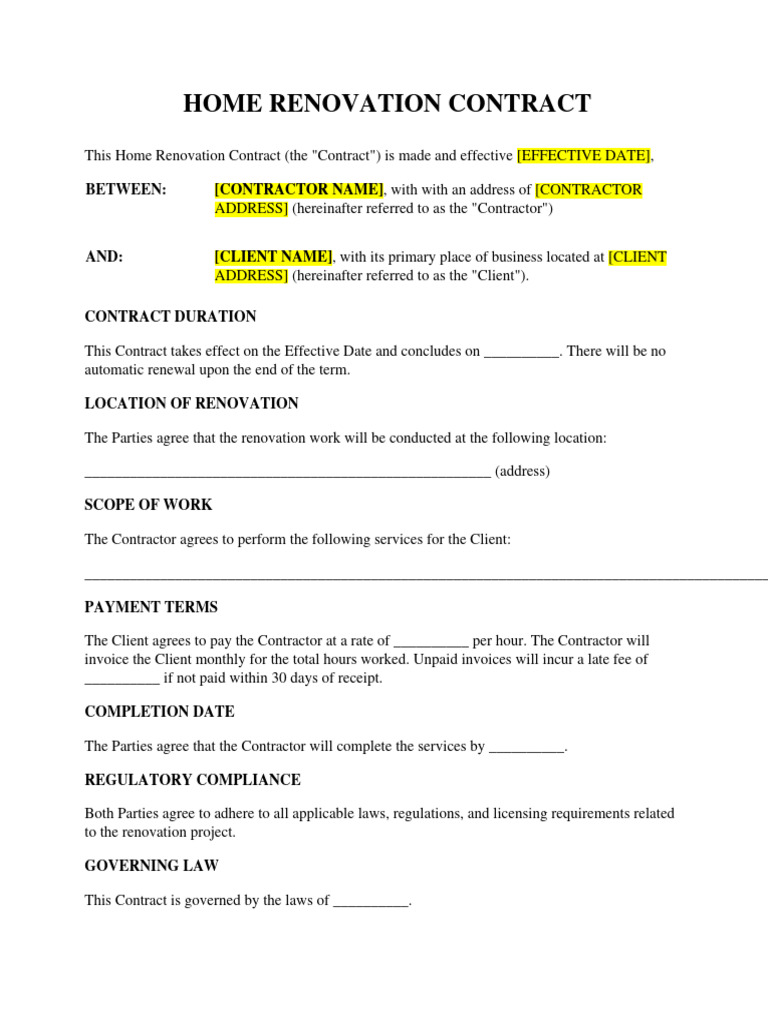 Home Renovation Contract PDF Legal Concepts Contract Law