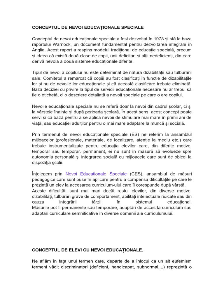 Conceptul de Nevoi Educaționale Speciale | PDF