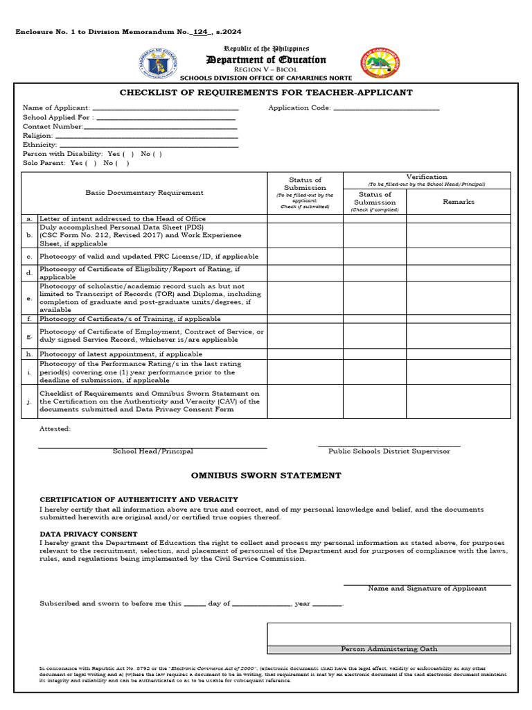 Teacher Application Document Checklist | PDF | Authentication