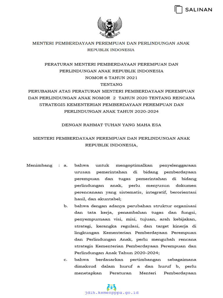 Permen pppa no 6 thn 2021 ttg perubahan atas permen pppa no 2 thn 2020