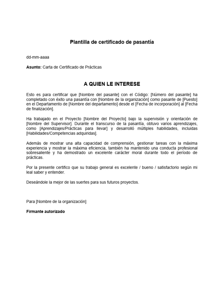 Certificado de Pasantía Ejemplo | PDF