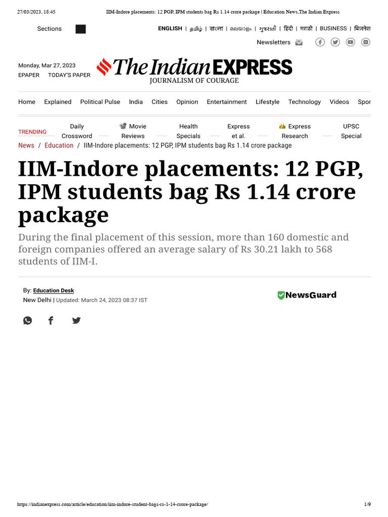 IIM-Indore Placements - 12 PGP, IPM Students Bag Rs 1 - 1679923374621 | PDF