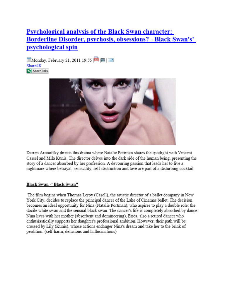 Psychological Analysis of The Black Swan Character PDF Psychosis Behavioural Sciences