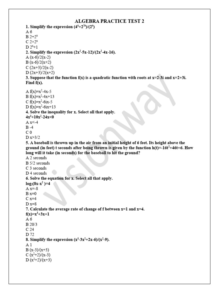 Algebra Practice Test 2 | PDF | Polynomial | Quadratic Equation