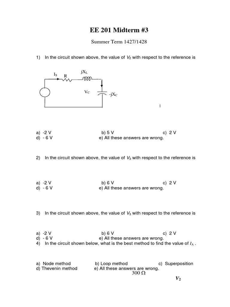 EE 201 Midterm Exam Questions and Answers | PDF | Electrical Resistance ...