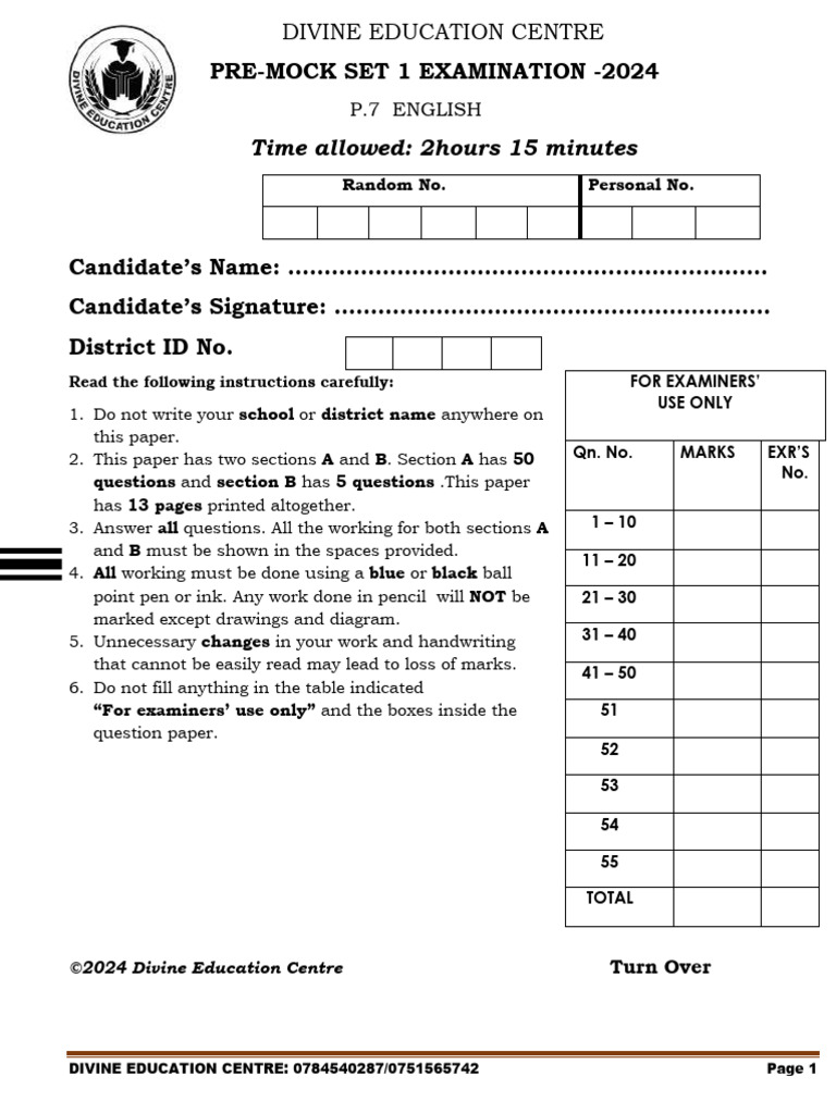 P7 Pre-Mock English Exam 2024 | PDF | Farms