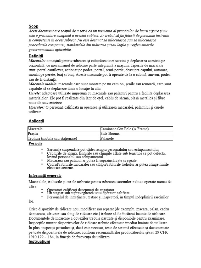 SOP Operarea Macaralei | PDF