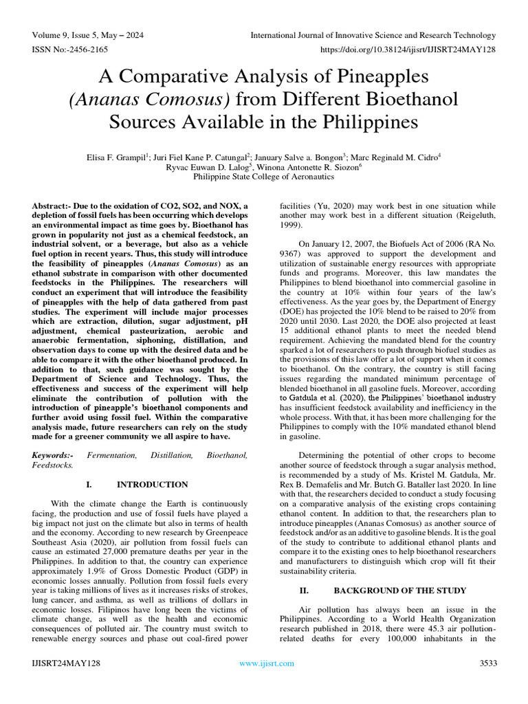 Pineapple Bioethanol Feasibility Study | PDF | Biofuel | Ethanol