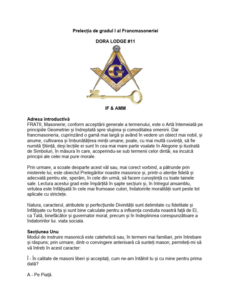 Prelecția de Gradul I Al Francmasoneriei | PDF