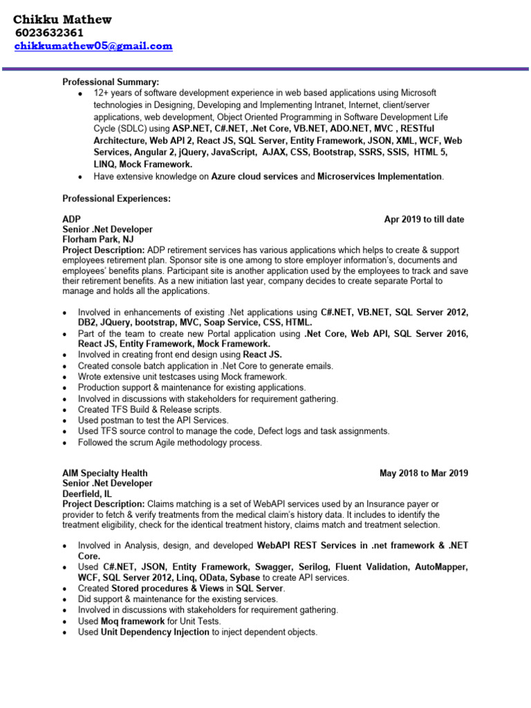 Dice Resume CV Chikku Mathew | PDF | Microsoft Sql Server | Entity ...