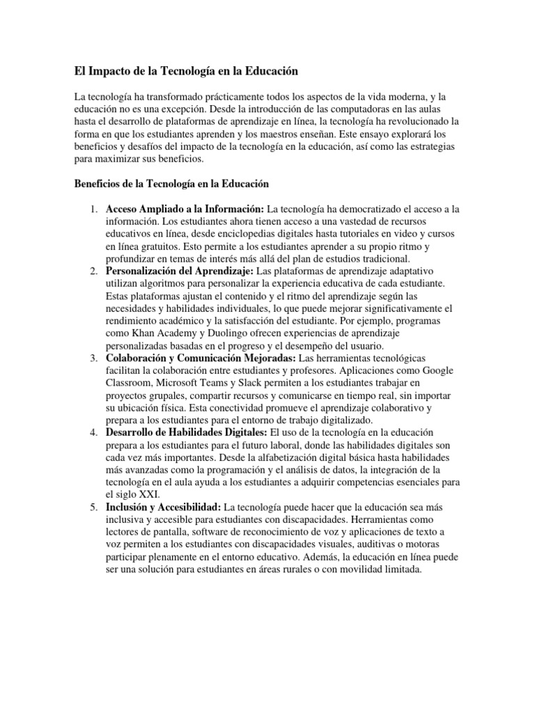 Impacto de la Tecnología en la Educación | PDF | Internet | La ...