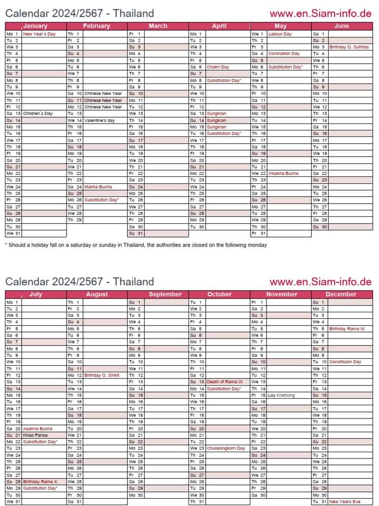 Thai Calendar 2024 | PDF