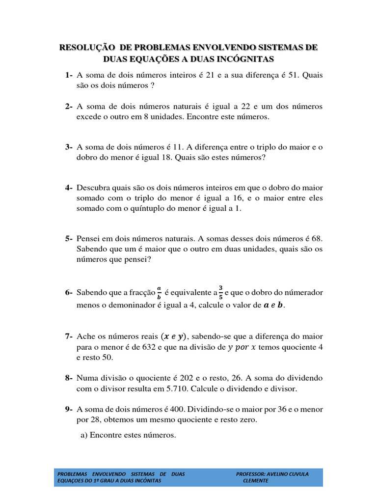 Problemas com Sistemas de Equações | PDF | Equações | Matemática