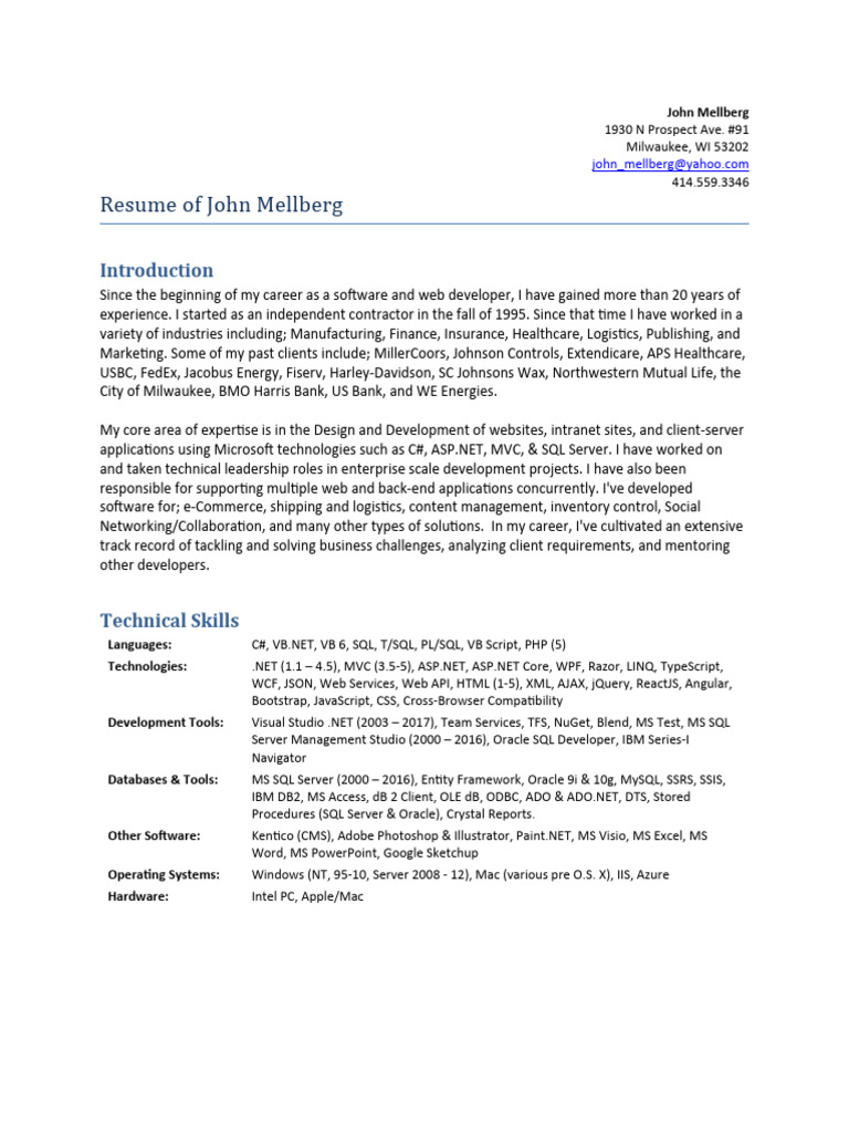 John Mellberg's Software Developer Resume | PDF | Dynamic Html | World ...